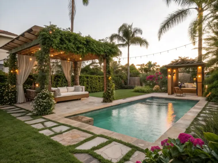 A luxurious swimming pool surrounded by Dreamy Backyard Ideas, featuring a greenery-covered pergola with a white daybed, warm string lighting, and tropical palm trees at sunset.