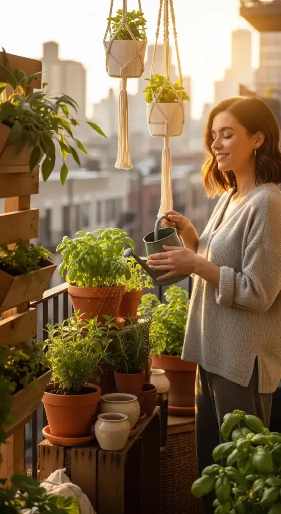 A woman in a grey sweater watering a lush collection of potted basil, mint, and rosemary on a sunny apartment balcony, featuring macramé hanging planters and a wooden pallet wall—an inspiring and space-saving example of Gardening for Beginners.