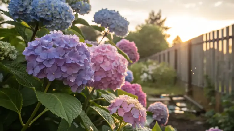 Vibrant blue, purple, and pink hydrangea blossoms thriving in a sunlit garden, showcasing the beauty of growing hydrangeas with lush green foliage, a wooden fence, and soft sunlight illuminating the blooms against a serene sky.