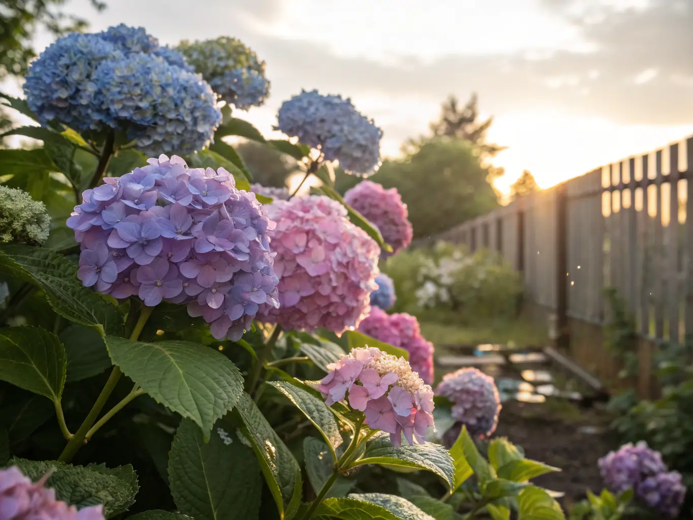 Vibrant blue, purple, and pink hydrangea blossoms thriving in a sunlit garden, showcasing the beauty of growing hydrangeas with lush green foliage, a wooden fence, and soft sunlight illuminating the blooms against a serene sky.