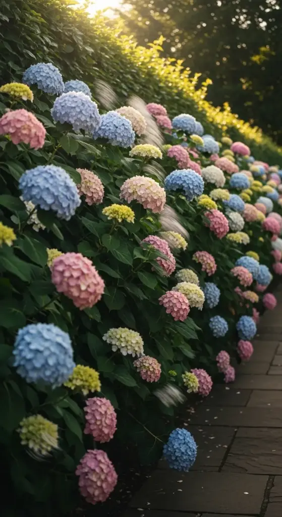 A stunning row of vibrant hydrangeas in soft blues, pinks, creams, and greens lining a stone pathway, with dappled sunlight filtering through overhead foliage—showcasing elegant, high-impact hydrangea landscaping ideas for creating a lush, colorful garden border.