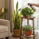A hand gently mists a tiered wooden plant stand holding thriving indestructible indoor plants—including a snake plant, pothos, and philodendron—bathed in soft natural light beside a cozy armchair, illustrating low-maintenance, resilient houseplants perfect for bringing lush greenery into any home with minimal care.