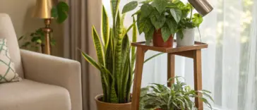 A hand gently mists a tiered wooden plant stand holding thriving indestructible indoor plants—including a snake plant, pothos, and philodendron—bathed in soft natural light beside a cozy armchair, illustrating low-maintenance, resilient houseplants perfect for bringing lush greenery into any home with minimal care.