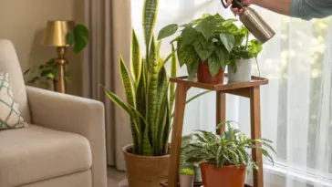 A hand gently mists a tiered wooden plant stand holding thriving indestructible indoor plants—including a snake plant, pothos, and philodendron—bathed in soft natural light beside a cozy armchair, illustrating low-maintenance, resilient houseplants perfect for bringing lush greenery into any home with minimal care.
