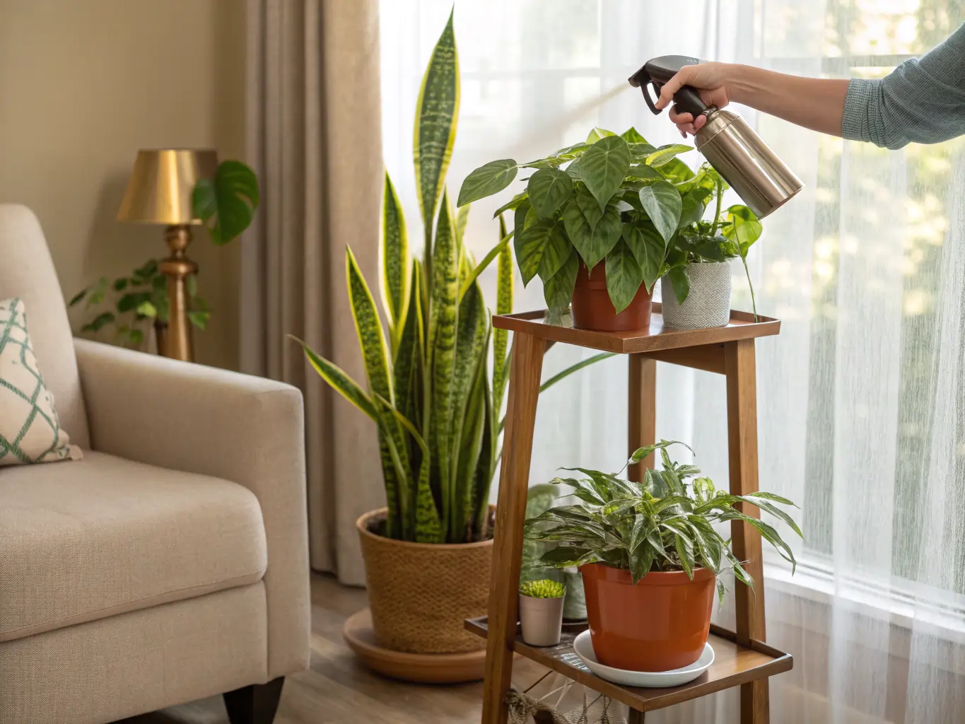 A hand gently mists a tiered wooden plant stand holding thriving indestructible indoor plants—including a snake plant, pothos, and philodendron—bathed in soft natural light beside a cozy armchair, illustrating low-maintenance, resilient houseplants perfect for bringing lush greenery into any home with minimal care.