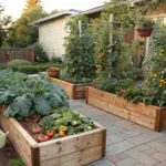 An lush outdoor backyard featuring several Raised Garden Beds made of light-colored wood, filled with thriving tomato plants, leafy greens, and vibrant orange flowers climbing tall vertical trellises on a paved stone patio.