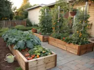 An lush outdoor backyard featuring several Raised Garden Beds made of light-colored wood, filled with thriving tomato plants, leafy greens, and vibrant orange flowers climbing tall vertical trellises on a paved stone patio.