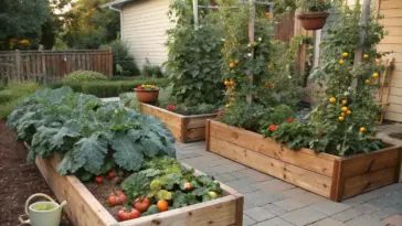 An lush outdoor backyard featuring several Raised Garden Beds made of light-colored wood, filled with thriving tomato plants, leafy greens, and vibrant orange flowers climbing tall vertical trellises on a paved stone patio.