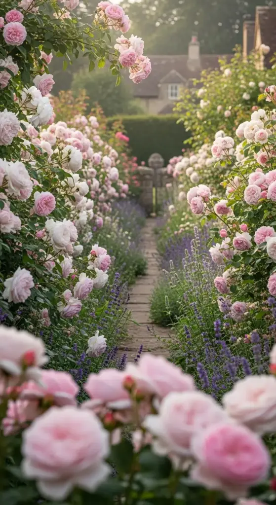 A romantic stone garden path flanked by dense borders of soft pink English roses and purple lavender, leading toward a traditional cottage—a serene and classic inspiration for Rose Garden Ideas.