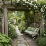 A serene, secluded garden nook featuring a rustic wooden arbor draped in white climbing roses, a vintage wrought-iron bench with green cushions nestled among lush foliage, and a stone path winding into a verdant backdrop—exemplifying enchanting secret garden ideas that evoke privacy, romance, and timeless charm.