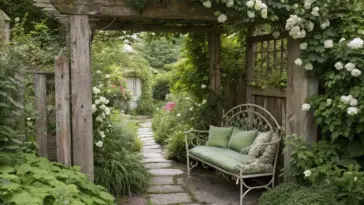 A serene, secluded garden nook featuring a rustic wooden arbor draped in white climbing roses, a vintage wrought-iron bench with green cushions nestled among lush foliage, and a stone path winding into a verdant backdrop—exemplifying enchanting secret garden ideas that evoke privacy, romance, and timeless charm.