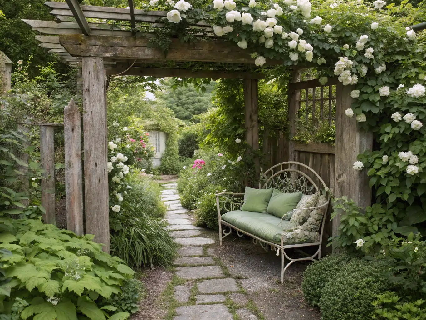 A serene, secluded garden nook featuring a rustic wooden arbor draped in white climbing roses, a vintage wrought-iron bench with green cushions nestled among lush foliage, and a stone path winding into a verdant backdrop—exemplifying enchanting secret garden ideas that evoke privacy, romance, and timeless charm.
