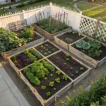 Aerial view of neatly arranged raised wooden garden beds filled with vibrant vegetables and leafy greens in a sunlit backyard, showcasing the practical, space-efficient design of small vegetable gardens enclosed by a white picket fence and lattice.