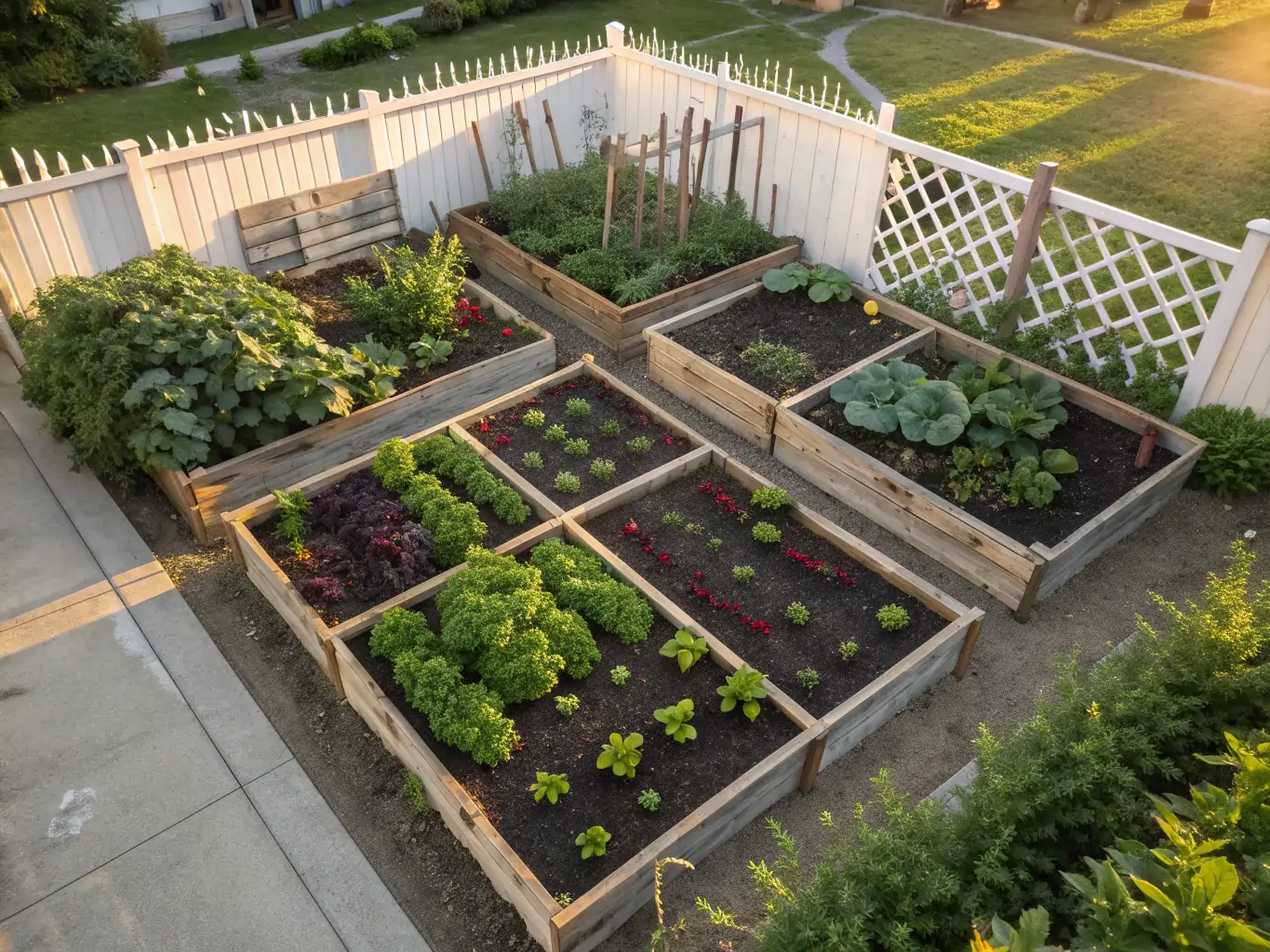 Aerial view of neatly arranged raised wooden garden beds filled with vibrant vegetables and leafy greens in a sunlit backyard, showcasing the practical, space-efficient design of small vegetable gardens enclosed by a white picket fence and lattice.