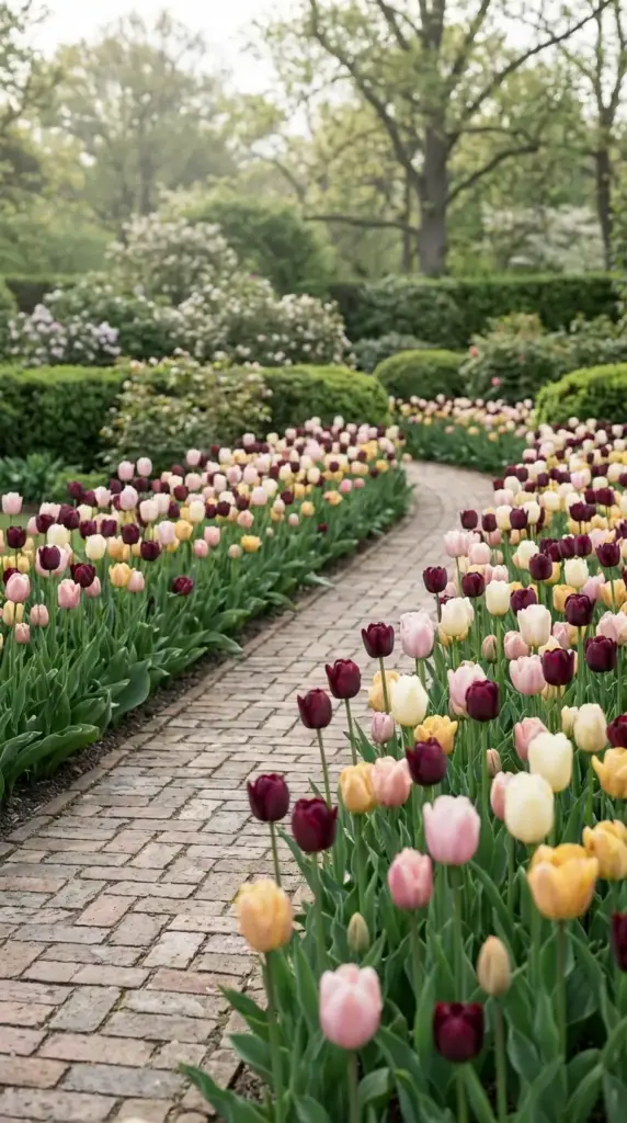 A winding brick pathway disappears into a grove of mature trees, perfectly bordered by dense, vibrant rows of pink, yellow, and deep purple tulips in full bloom—a quintessential and colorful Spring Flower Garden.