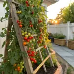 A wooden Tomato Trellis with ladder-style slats, supporting lush tomato vines heavy with ripe red, orange, and green tomatoes, set in a sunlit backyard garden featuring a white picket fence, potted plants, and a warm sunset casting golden light over the scene.