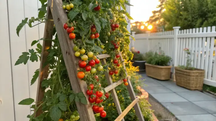 A wooden Tomato Trellis with ladder-style slats, supporting lush tomato vines heavy with ripe red, orange, and green tomatoes, set in a sunlit backyard garden featuring a white picket fence, potted plants, and a warm sunset casting golden light over the scene.
