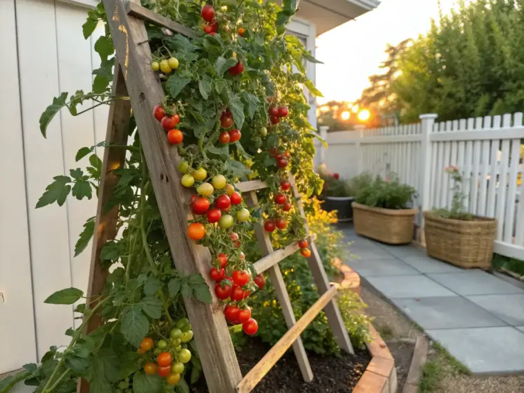 A wooden Tomato Trellis with ladder-style slats, supporting lush tomato vines heavy with ripe red, orange, and green tomatoes, set in a sunlit backyard garden featuring a white picket fence, potted plants, and a warm sunset casting golden light over the scene.