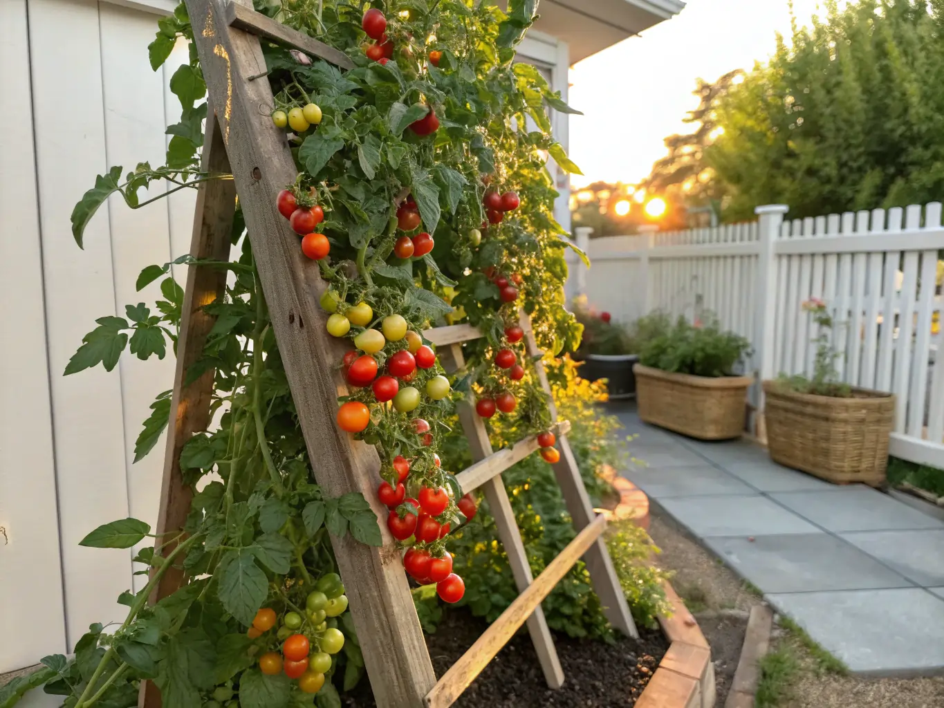 A wooden Tomato Trellis with ladder-style slats, supporting lush tomato vines heavy with ripe red, orange, and green tomatoes, set in a sunlit backyard garden featuring a white picket fence, potted plants, and a warm sunset casting golden light over the scene.