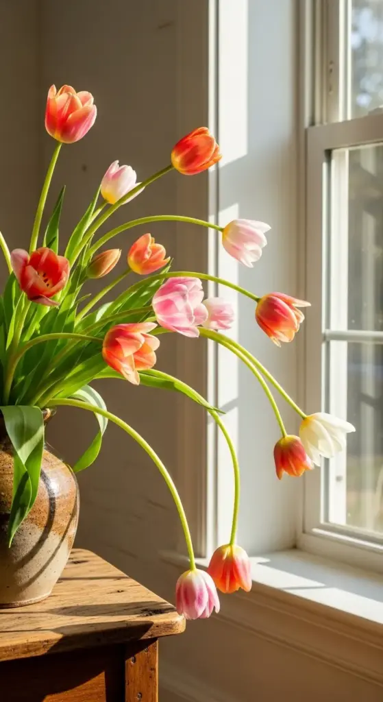 A vibrant collection of Tulip Arrangement Ideas is captured in this scene, featuring a bouquet of orange, pink, and white tulips. The flowers are set in a rustic, earth-toned ceramic vase on a wooden surface, with their long, slender stems arching gracefully toward a sunlit window. The warm, natural light emphasizes the delicate texture of the petals and the organic, sweeping silhouette of the display.