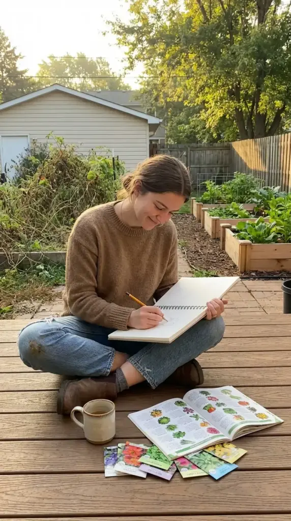 A woman sits cross-legged on a wooden deck, sketching in a notebook while referencing a seed catalog and various seed packets, with several neatly organized wooden raised beds in the background—a creative first step in Vegetable Garden Design.