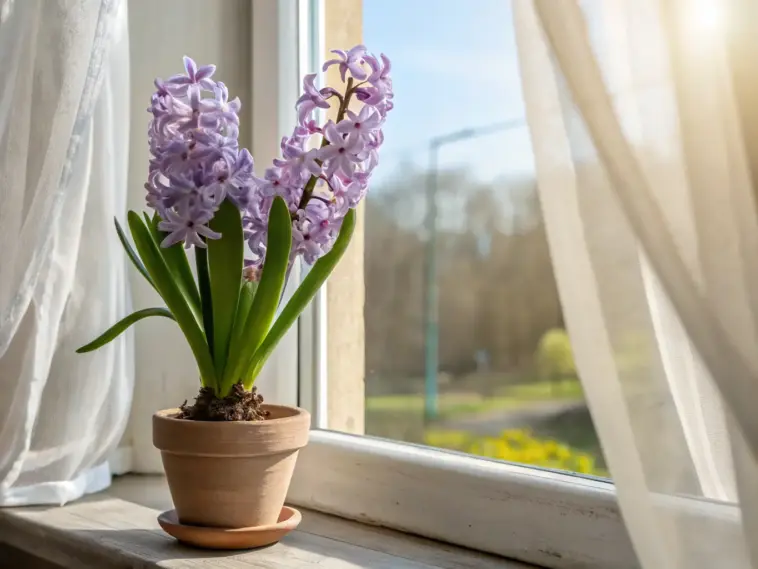A potted hyacinth flower with vibrant purple blooms and lush green leaves sits on a wooden windowsill, bathed in sunlight filtering through sheer white curtains. Outside the window, a blurred view of trees and a clear blue sky is visible, creating a serene indoor-outdoor scene.
