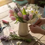 A person’s hands arrange a vibrant Spring Flower Arrangements in a white ceramic pitcher on a sunlit wooden table, featuring pink tulips, white daffodils, and purple filler blooms, with floral tools like scissors, twine, and a pink ribbon spool nearby.