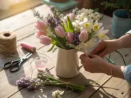 A person’s hands arrange a vibrant Spring Flower Arrangements in a white ceramic pitcher on a sunlit wooden table, featuring pink tulips, white daffodils, and purple filler blooms, with floral tools like scissors, twine, and a pink ribbon spool nearby.