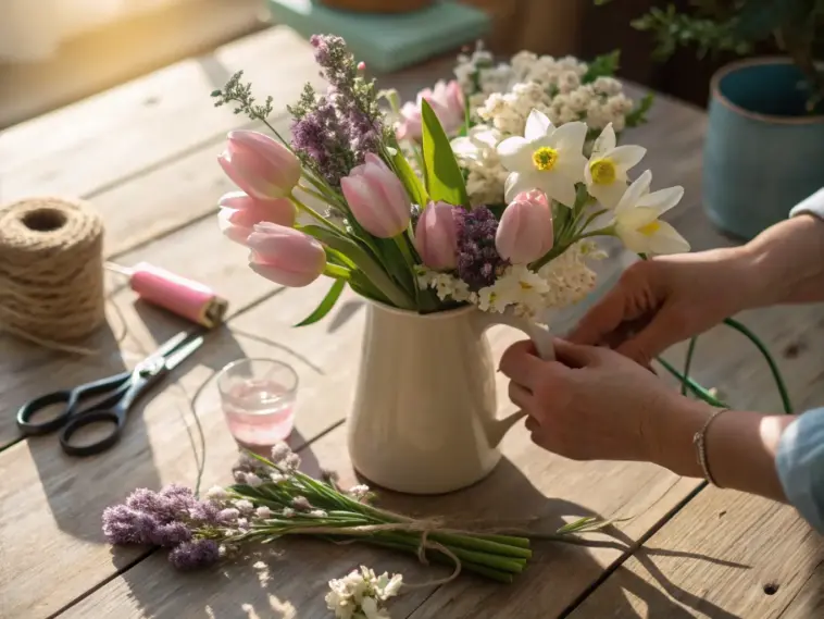 A person’s hands arrange a vibrant Spring Flower Arrangements in a white ceramic pitcher on a sunlit wooden table, featuring pink tulips, white daffodils, and purple filler blooms, with floral tools like scissors, twine, and a pink ribbon spool nearby.