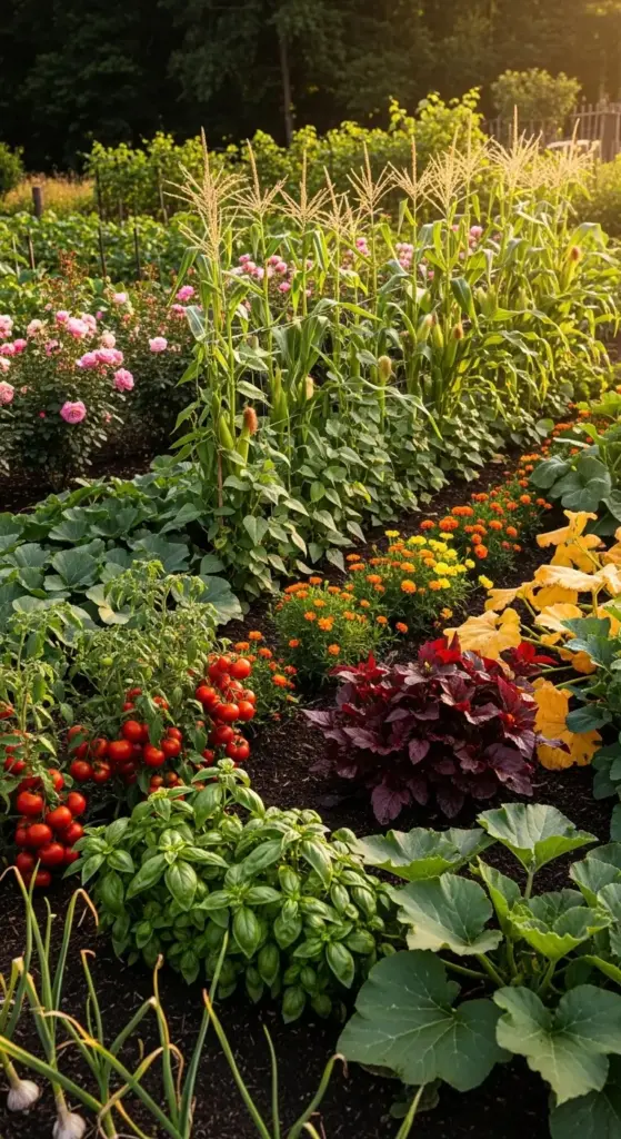 A thriving garden displaying diverse rows of Companion Planting, featuring tall corn stalks, climbing beans, and large squash leaves alongside clusters of ripe cherry tomatoes, fragrant basil, and orange marigolds.