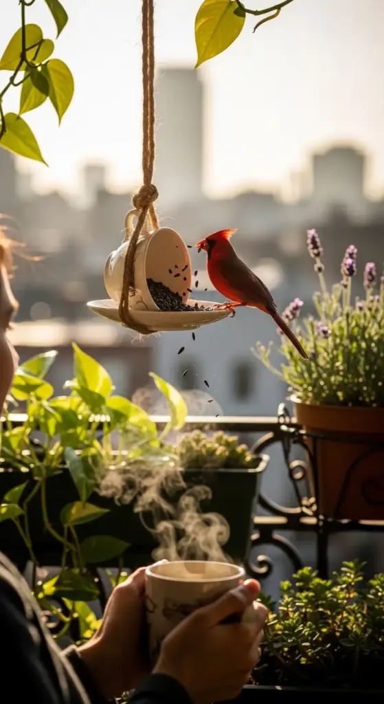 A bright red cardinal perches on a charming DIY bird feeder crafted from an upside-down teacup and saucer, suspended by twine on a sunny urban balcony surrounded by potted herbs and greenery—illustrating creative, upcycled DIY bird feeders that bring wildlife charm to small-space gardening.