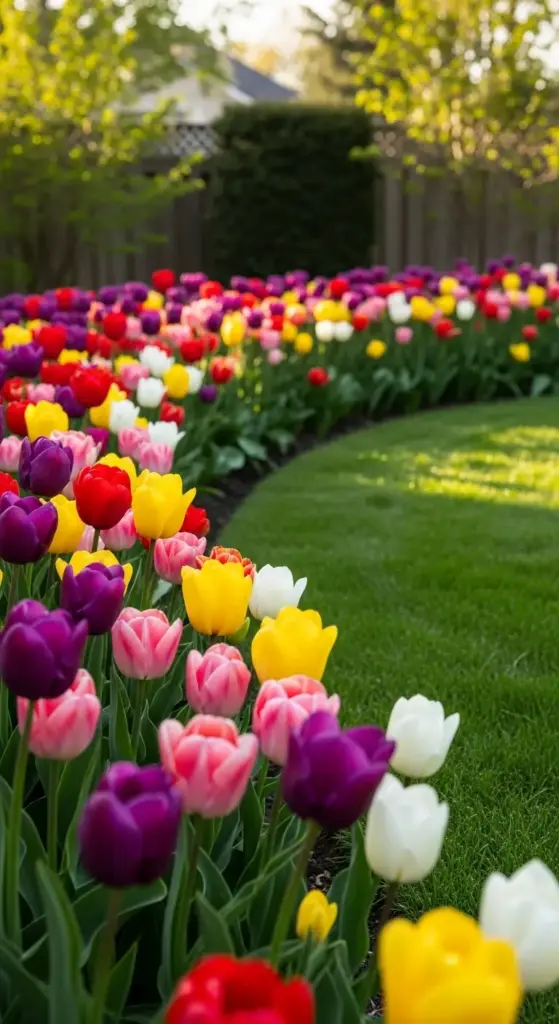 A photorealistic, wide-angle shot of a stunning backyard garden border bursting with densely planted, multi-colored tulips in full bloom. The main subject is a sweeping, curved garden border lining the perimeter of a lush green backyard lawn, packed with rows of tulips in rich jewel tones — deep purples, fiery reds, soft blush pinks, sunny yellows, and crisp whites — layered in staggered heights to suggest early, mid, and late-season varieties growing together. Some blooms are fully open and lush, while others are still tightly budded, subtly conveying the idea of an extended, weeks-long color show. The setting is a well-maintained suburban backyard on a bright spring morning, with a neatly trimmed emerald green lawn in the foreground and a soft-focus wooden fence or garden hedge in the background, adding depth without distraction. The composition is a low, ground-level medium shot angled slightly upward, making the tulips feel grand and immersive, with soft natural spring sunlight illuminating the petals from the side, creating a gentle translucent glow through the flower heads. The mood is joyful, vibrant, and inspiring — evoking the fresh energy of spring gardening. The color palette is bold and saturated: deep crimson, violet, golden yellow, coral pink, and pure white blooms against a vivid emerald green lawn, with warm golden morning light tying the scene together. Photorealistic, high-detail, editorial garden photography aesthetic.