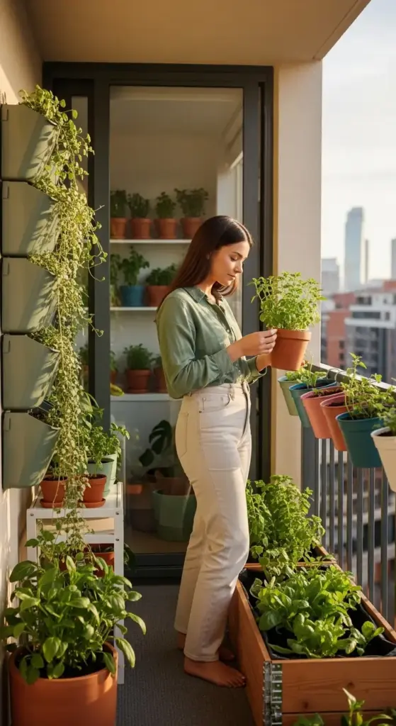 A woman in a green shirt and white trousers inspecting a potted herb on a high-rise urban balcony, surrounded by a wall-mounted vertical planter system and railing-hung colorful pots—an ideal setup for Gardening for Beginners.