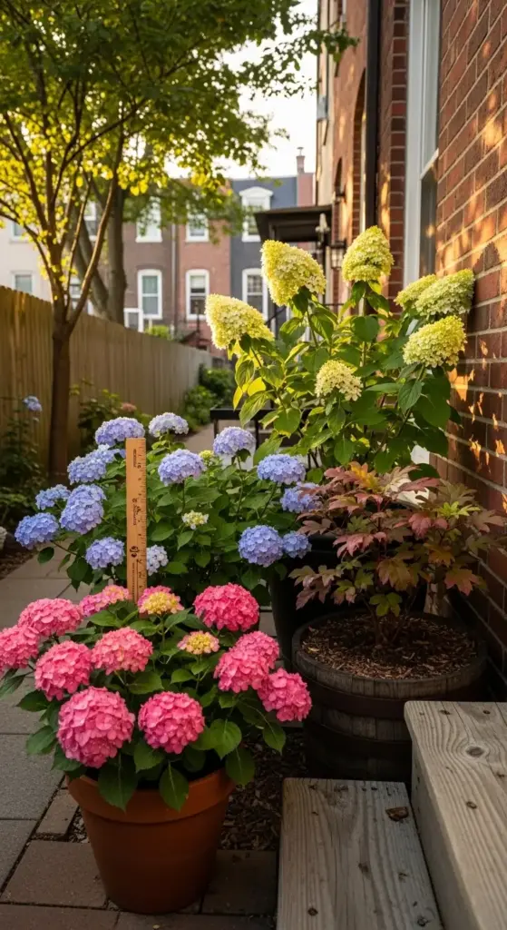 Colorful pink, blue, and yellow hydrangeas in terracotta and wooden barrel planters, with a wooden ruler measuring their growth, thriving in a sunlit urban garden beside a brick building and wooden fence, showcasing the vibrant beauty of growing hydrangeas.