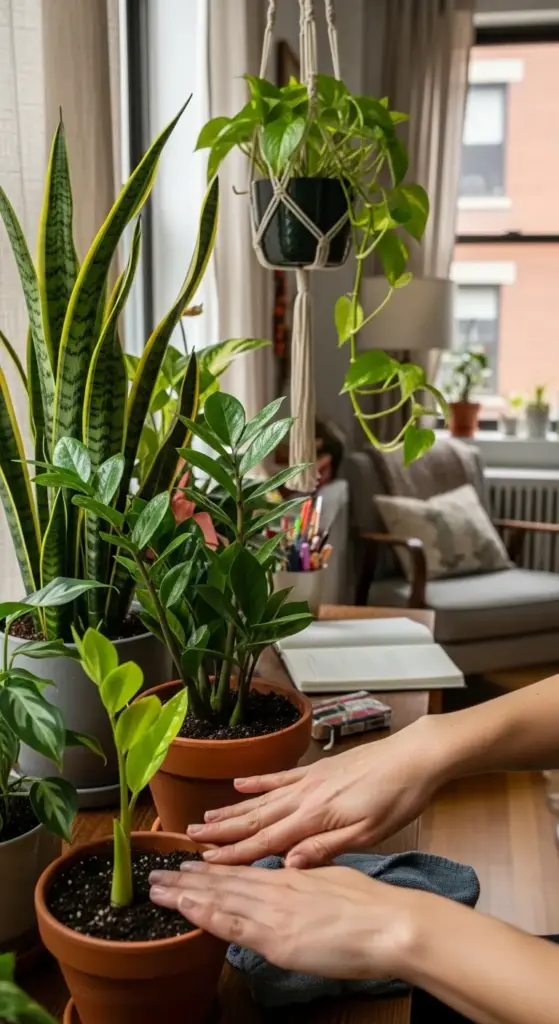 A cozy indoor scene featuring a collection of indestructible indoor plants—including snake plant, ZZ plant, pothos in a macramé hanger, and a young monstera—arranged on a wooden table beside a reading nook, with hands tending to a potted seedling, highlighting resilient, low-maintenance houseplants ideal for busy or novice plant lovers.