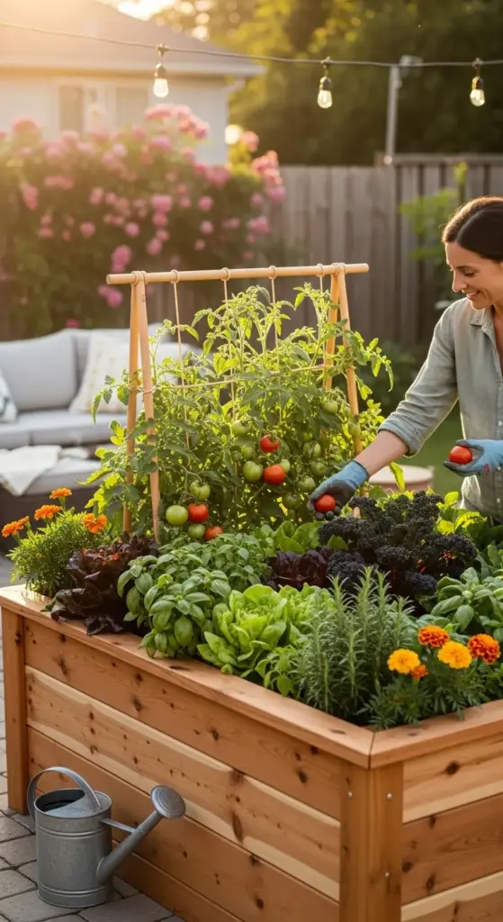 A woman smiling while harvesting fresh red tomatoes from a lush Raised Garden Beds setup, which includes a wooden planter filled with basil, lettuce, rosemary, and kale under warm backyard string lights.