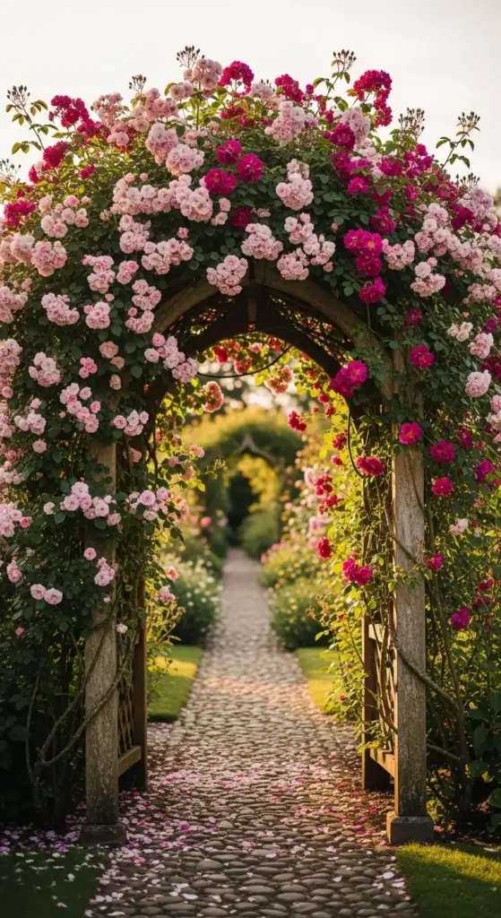 A stunning garden view through a tall wooden arbor heavily draped in climbing pink and magenta roses, framing a cobblestone path that leads to another floral arch—a breathtaking inspiration for Rose Garden Ideas.