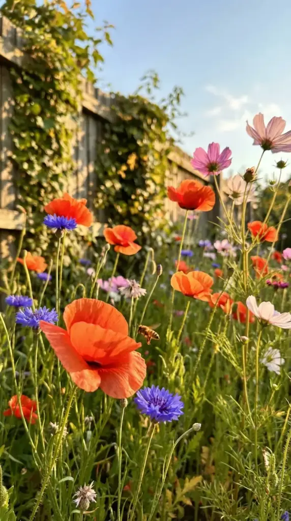 A vibrant close-up of a sun-drenched Spring Flower Garden featuring bright orange poppies, electric blue cornflowers, and delicate pink cosmos blooming against a rustic wooden fence, with a honeybee captured mid-flight as it approaches a poppy.