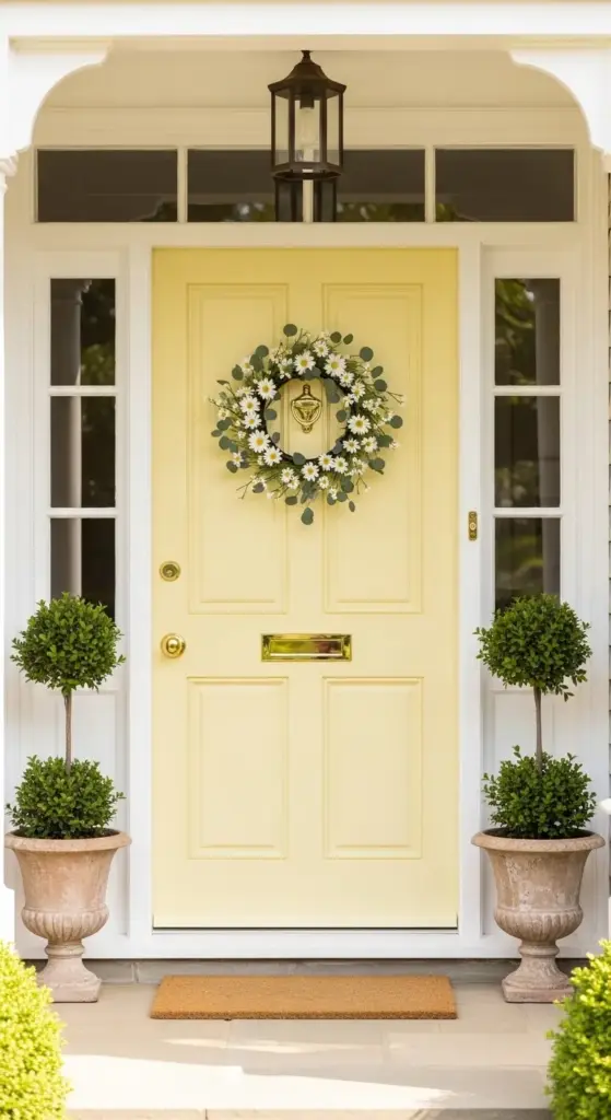A bright and cheerful pale yellow front door adorned with a classic white daisy and eucalyptus wreath, flanked by two manicured boxwood topiaries in stone urns—a clean and inviting example of Spring Porch Ideas.