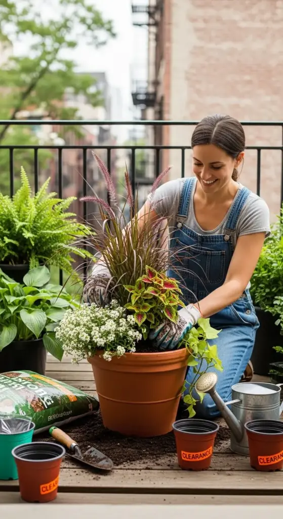 A woman in denim overalls planting a decorative container for Spring Porch Ideas, featuring ornamental grasses, coleus, and white alyssum, surrounded by gardening tools and ferns on an urban balcony.
