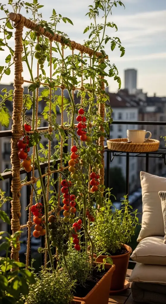 A rope-woven Tomato Trellis with vertical and horizontal twine strands supports lush tomato vines heavy with ripe red, orange, and green tomatoes, set on a sunlit urban balcony featuring potted plants, a cushioned seating area, a woven tray with a mug, and a backdrop of city buildings under a clear sky.