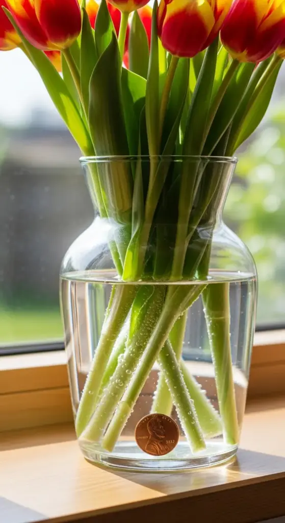 In this image, Tulip Arrangement Ideas are displayed through a vibrant bouquet of bi-color red and yellow tulips. The flowers are arranged in a clear glass vase filled with water, which sits on a wooden windowsill. A unique detail shows a copper penny placed at the bottom of the vase, a common trick used to help keep tulip stems upright and fresh.