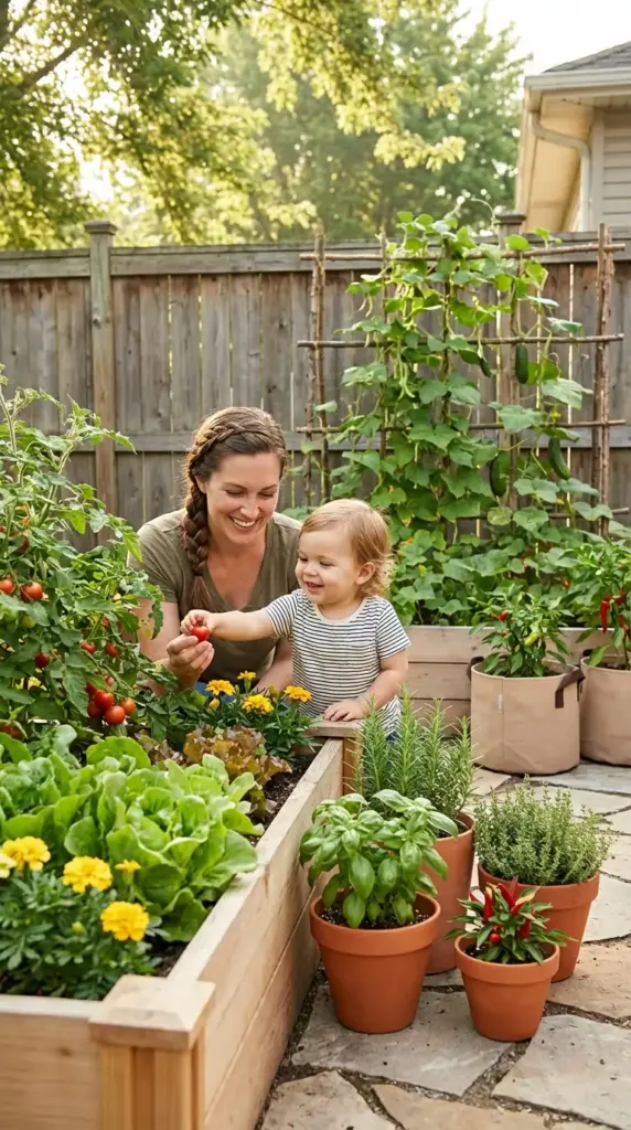 A smiling woman and a toddler harvesting cherry tomatoes from a lush wooden raised bed, surrounded by terracotta pots of fresh basil and rosemary with climbing cucumbers on a rustic trellis in the background—a heartwarming and practical Vegetable Garden Design.