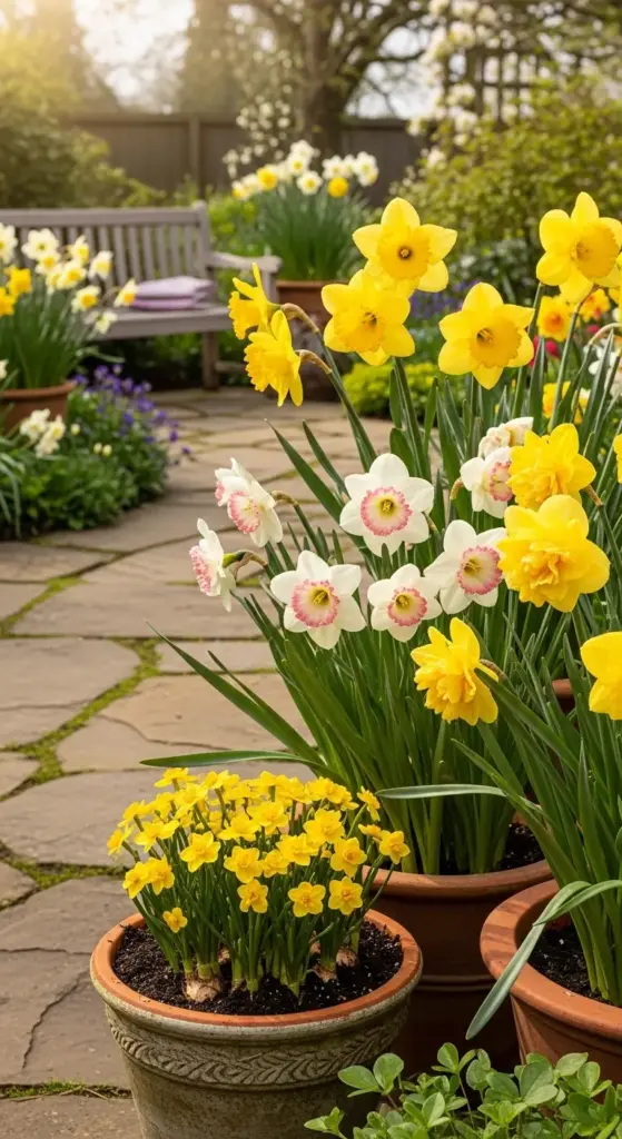A variety of potted narcissus plants on a stone patio, highlighting a growing daffodil collection with yellow, white, and pink-centered blooms near a garden bench.