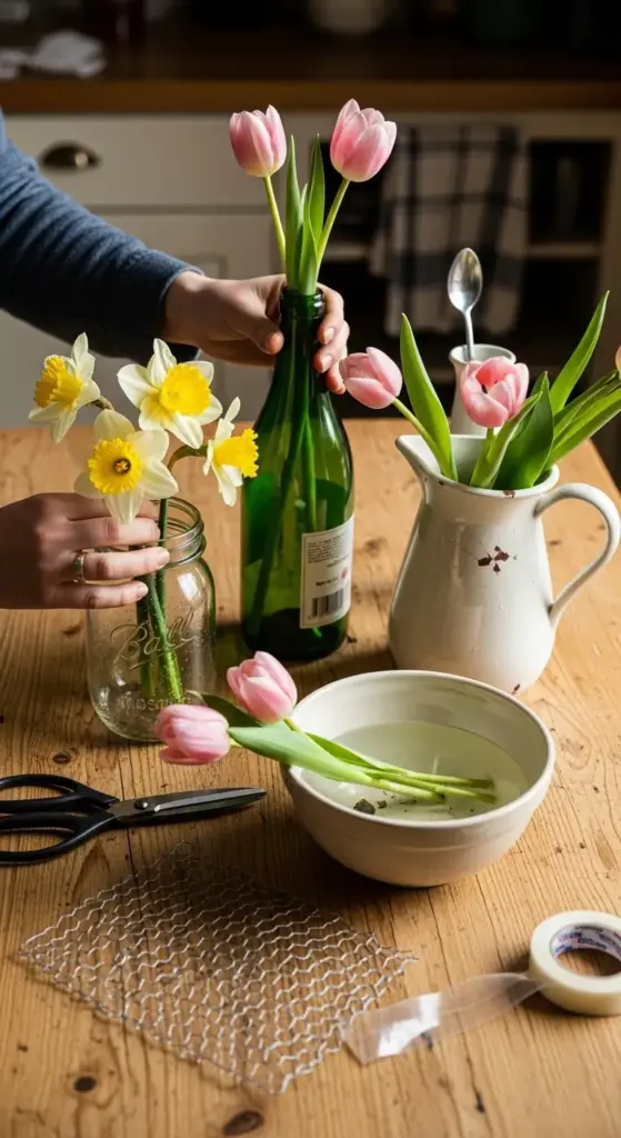 Hands arrange vibrant Spring Flower Arrangements featuring pink tulips and yellow daffodils in diverse containers—a mason jar, green bottle, and white pitcher—on a wooden kitchen table, with floral tools like scissors, a mesh sheet, and tape scattered nearby, and a bowl of water holding additional tulip stems.