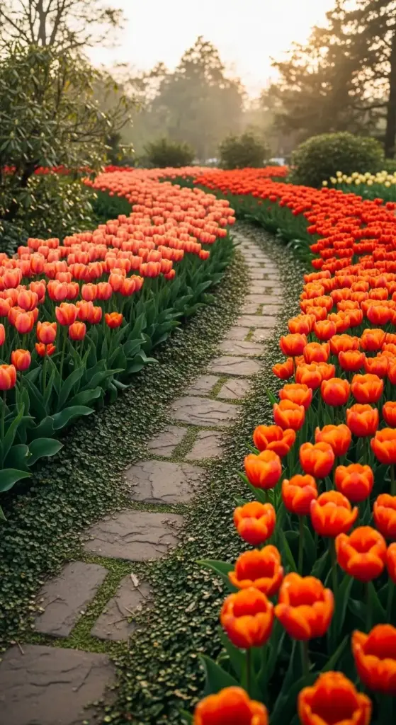 Arrange tulips in a warm ombré flow—from soft peach through coral to deep burnt orange—along garden walkways. The intentional color transition guides the eye and creates a welcoming journey into your landscape.
