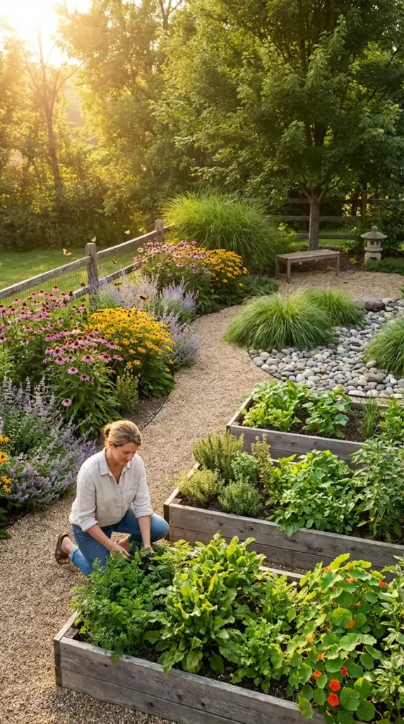 A sunny and well-organized Backyard Layout featuring a gardener tending to tiered wooden raised beds filled with lush kale, carrots, and herbs, alongside a winding pea gravel path that leads past vibrant purple coneflowers and a dry creek bed toward a shaded seating area.