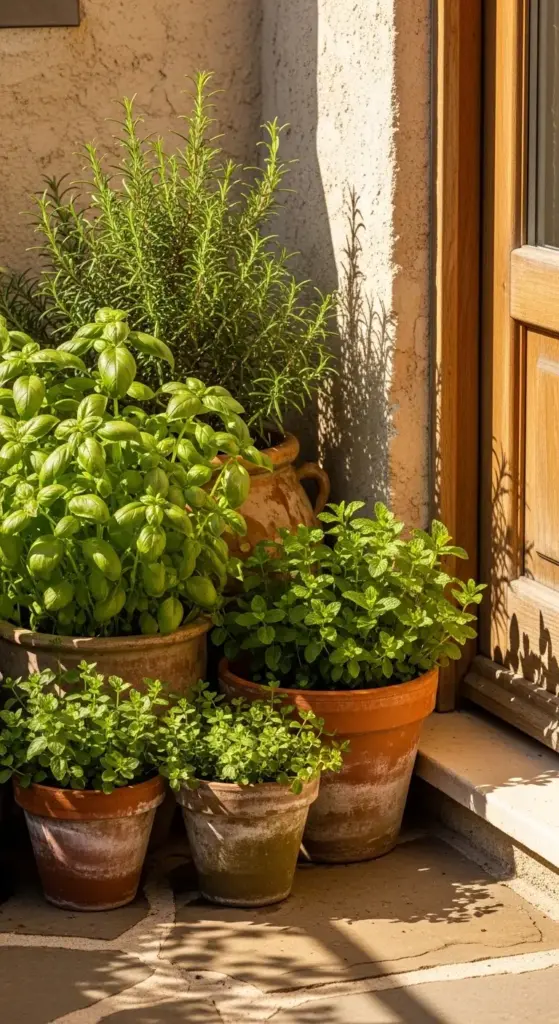 Lush terracotta pots of fresh basil, rosemary, and mint arranged in a sunny corner, perfect for culinary-focused Balcony Garden Ideas.