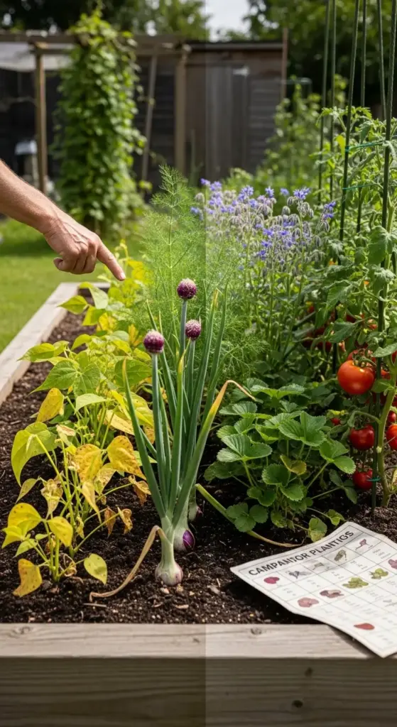 A hand pointing to a flourishing raised garden bed that utilizes Companion Planting by interspersing onions, beans, and strawberries with tall tomato plants and flowering borage to maximize space and health.