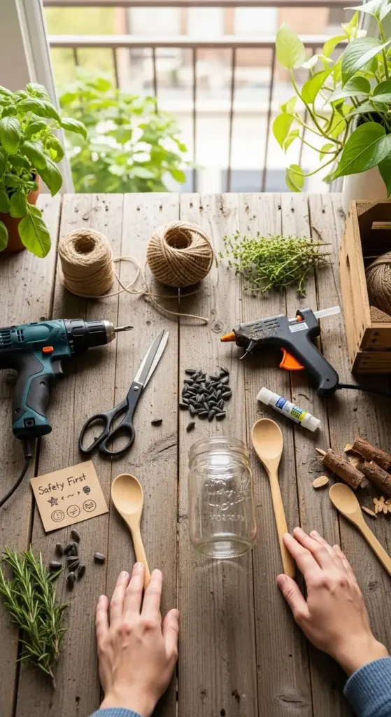 A hands-on crafting setup for DIY bird feeders on a rustic wooden table, featuring a mason jar, wooden spoons, twine, sunflower seeds, a hot glue gun, drill, scissors, and fresh herbs—alongside a “Safety First” note—showcasing the essential materials and tools needed to create homemade, eco-friendly DIY bird feeders in a cozy indoor or balcony workspace.